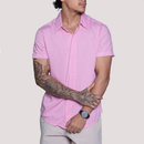 Camisa Masculina de Linho Manga Curta Moda Praia Rosa
