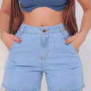 Short Feminino Boyfriend Meia Coxa Cintura Alta Azul-Claro