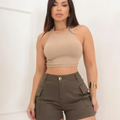 Short Feminino Cargo de Algodão com Lycra Marrom