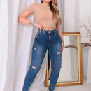 Calça Feminina Jeans Rasgada com Cós Alto e Elastano