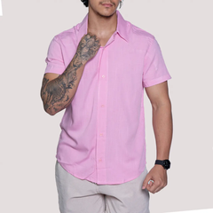 Camisa Masculina de Linho Manga Curta Moda Praia Rosa
