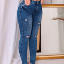 Calça Feminina Jeans Rasgada com Cós Alto e Elastano