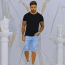 Short Masculino Jeans Rasgado com Desfio