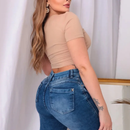 Calça Feminina Jeans Rasgada com Cós Alto e Elastano